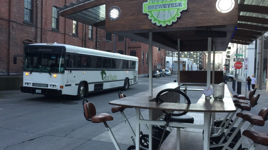 A brew tour bus stopped in Portland, Oregon.