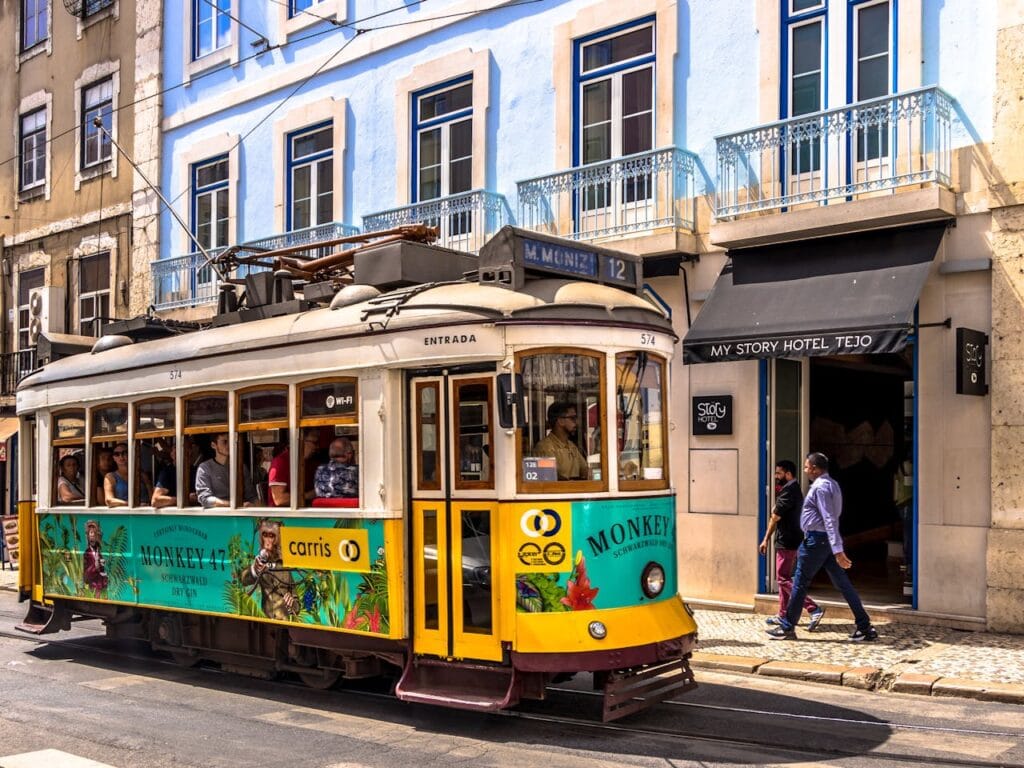 Colorful tram on sunny day