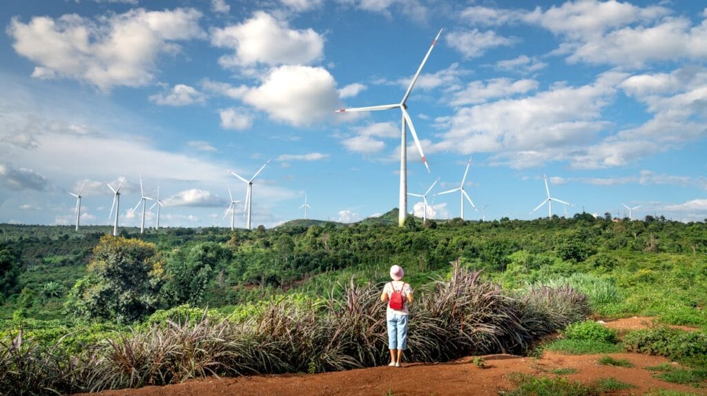 A woman with a backpack looking into a field with windmills.