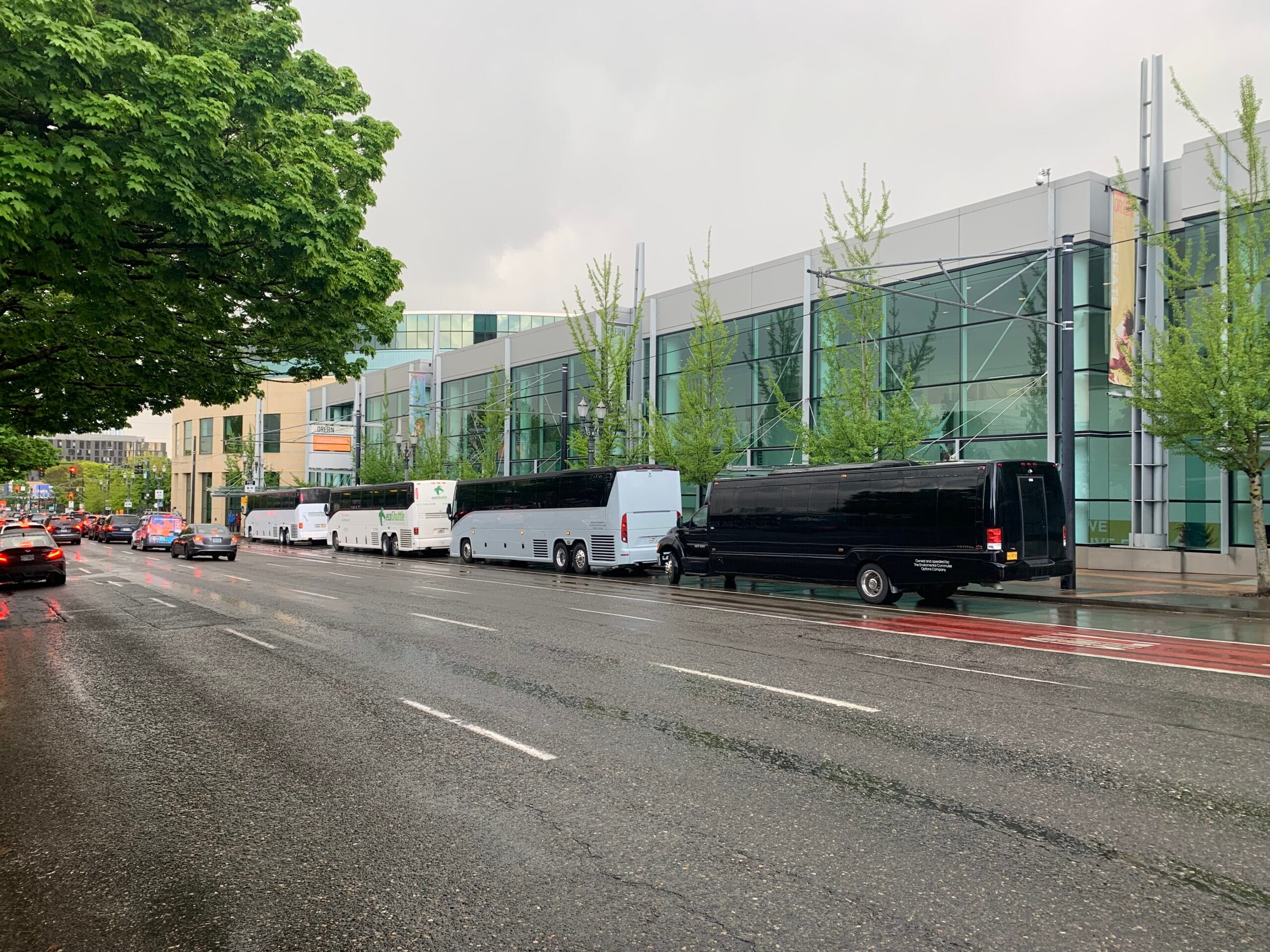 Shuttle buses parked at the Oregon Convention Center